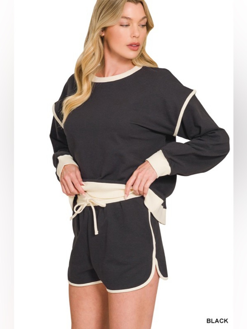 French Terry Contrast Pullover & Shorts Set – Black